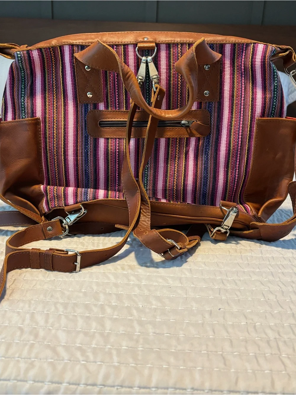 Nena & Co. Pink Striped Canvas Tote with Pom Pom Charm